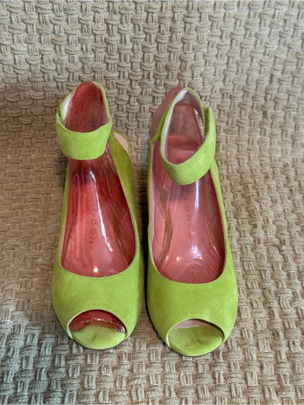 Sacha London Lime Green Suede Peep-Toe Wedge Sandals